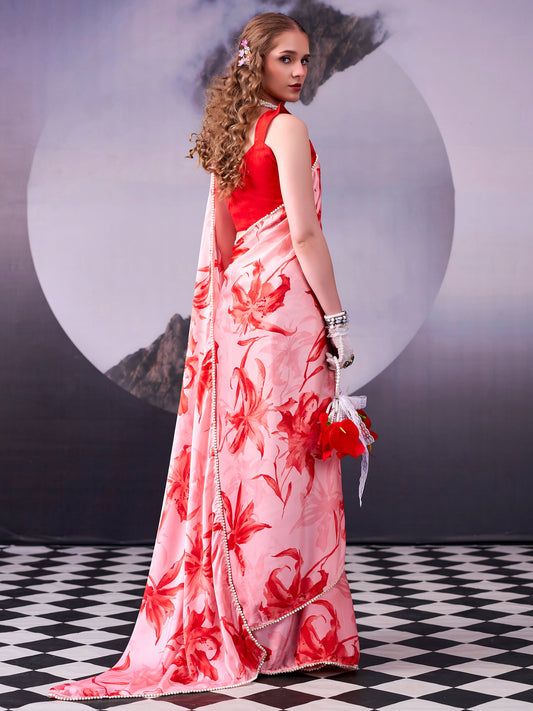Floral Printed Satin Event Wear Saree With Blouse