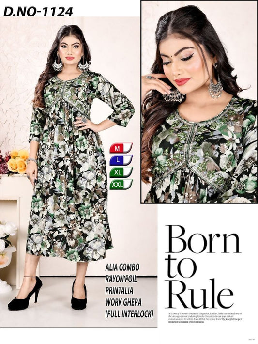Premium Rayon Foil Printed Alia Cut Kurtis