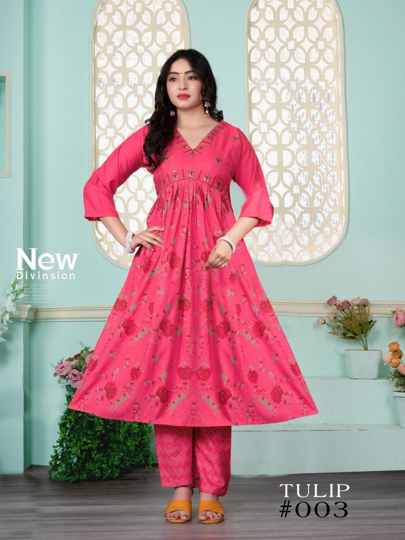 Fashion Talk Tulip Rayon Embroidered Alia Cut Kurtis Collection