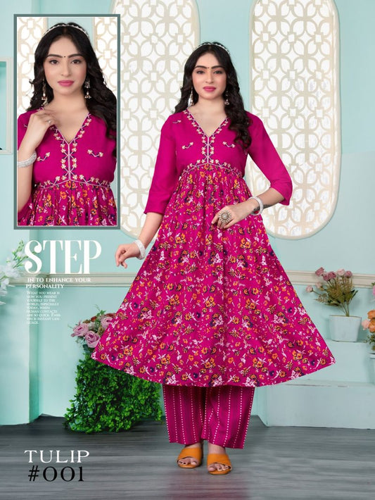Fashion Talk Tulip Rayon Embroidered Alia Cut Kurtis Collection