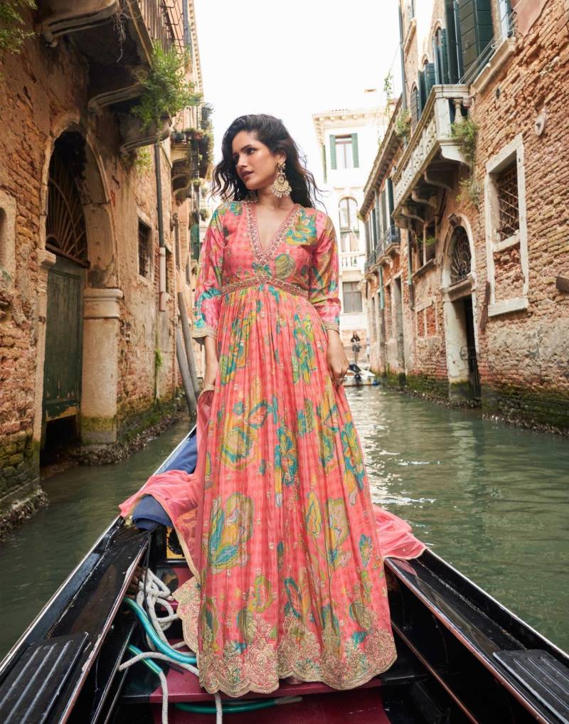 Real Chinon Silk Premium Gown With Dupatta Collection