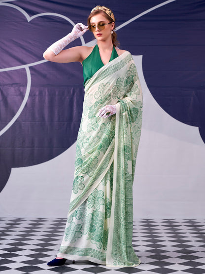 Floral Printed Satin Event Wear Saree With Blouse