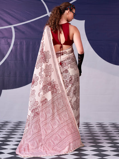 Floral Printed Satin Event Wear Saree With Blouse