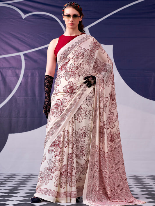 Floral Printed Satin Event Wear Saree With Blouse