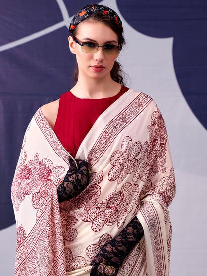 Floral Printed Satin Event Wear Saree With Blouse