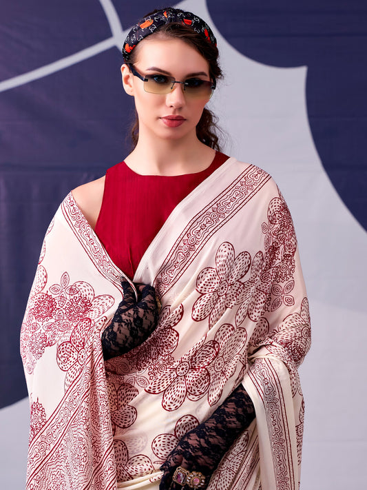 Floral Printed Satin Event Wear Saree With Blouse