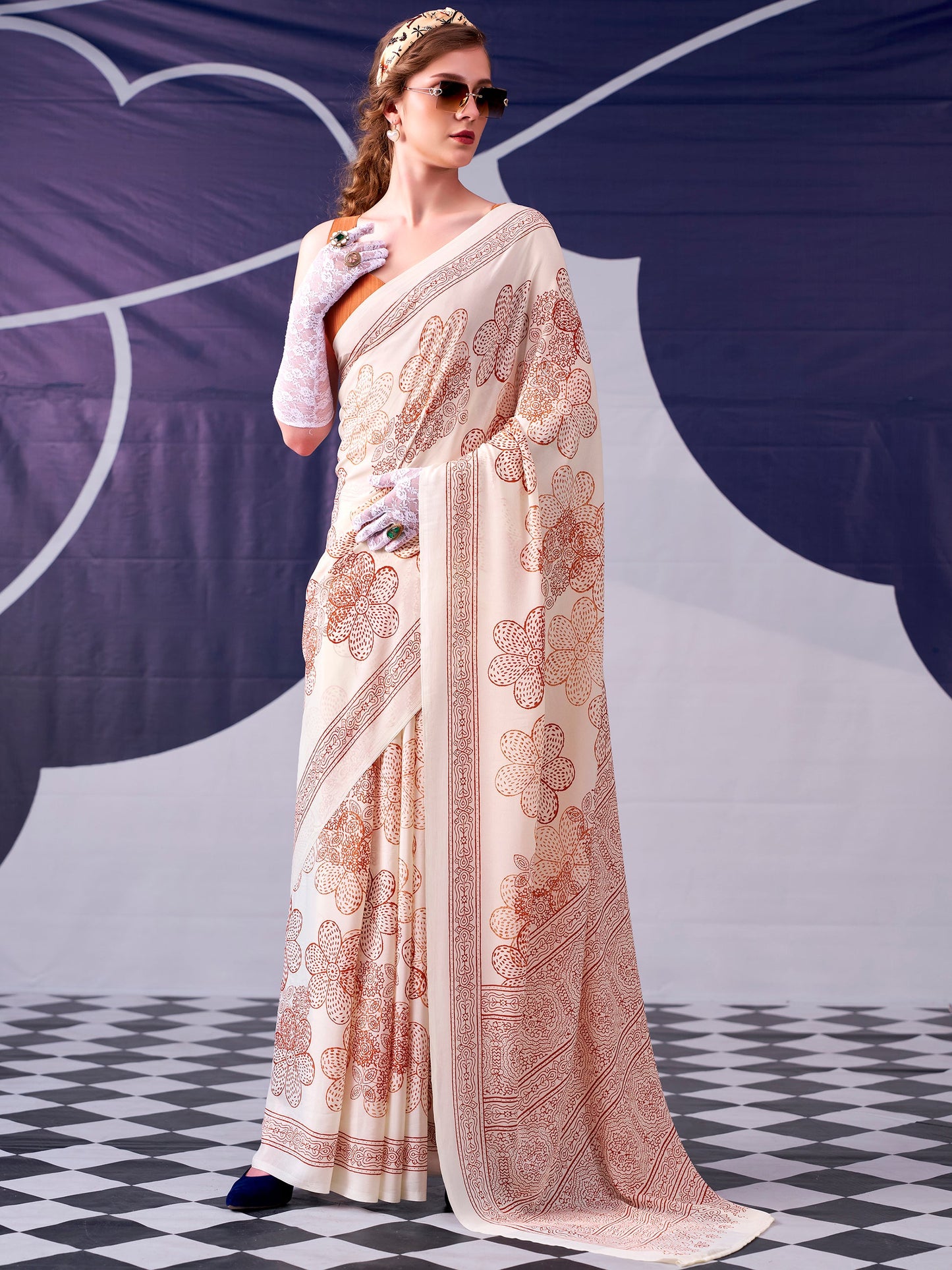 Floral Printed Satin Event Wear Saree With Blouse