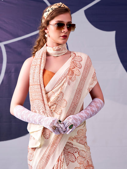 Floral Printed Satin Event Wear Saree With Blouse