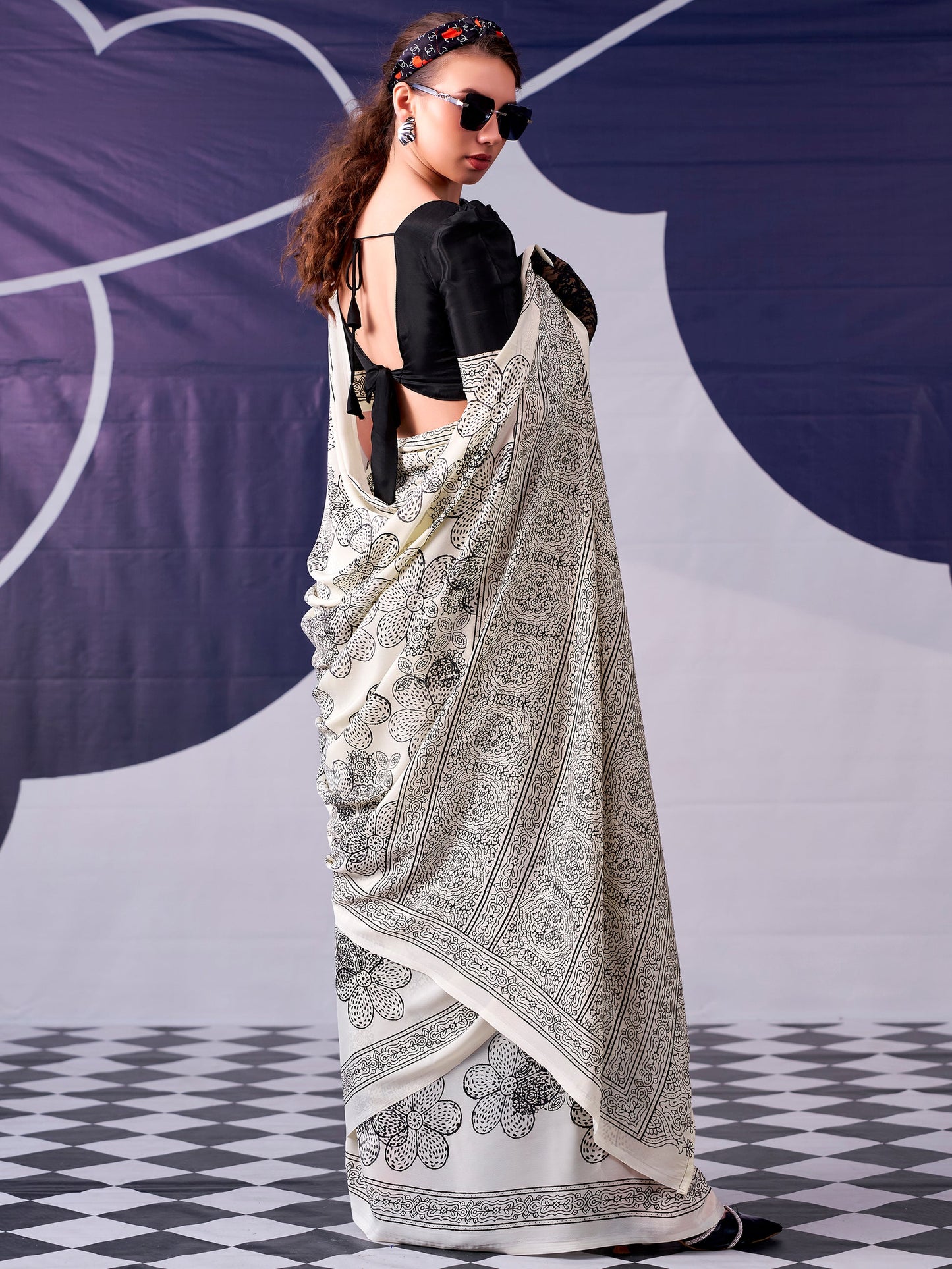 Floral Printed Satin Event Wear Saree With Blouse