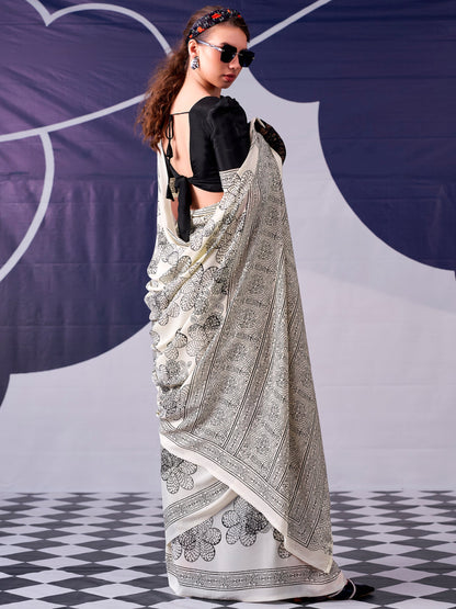 Floral Printed Satin Event Wear Saree With Blouse