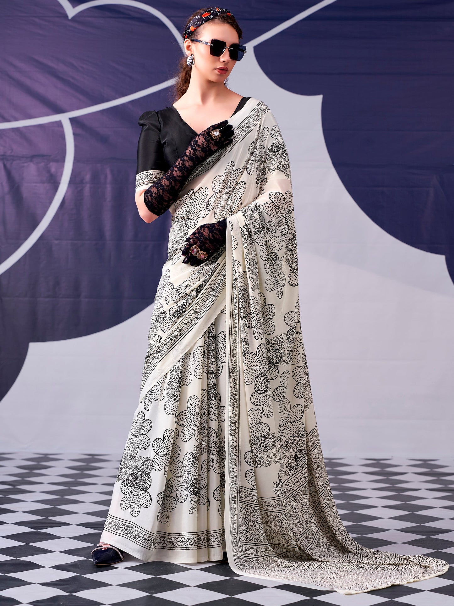 Floral Printed Satin Event Wear Saree With Blouse