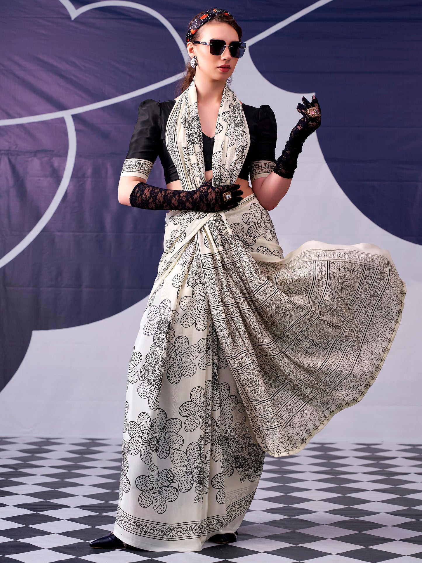 Floral Printed Satin Event Wear Saree With Blouse