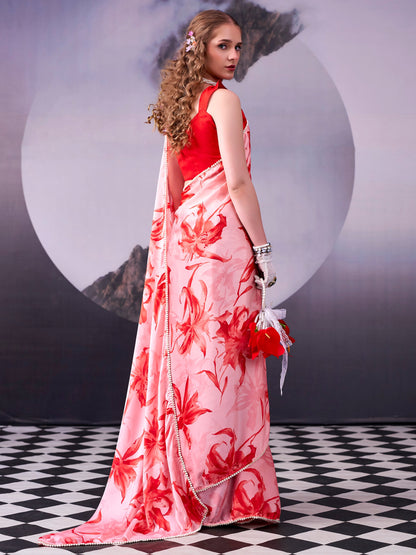 Floral Printed Satin Event Wear Saree With Blouse