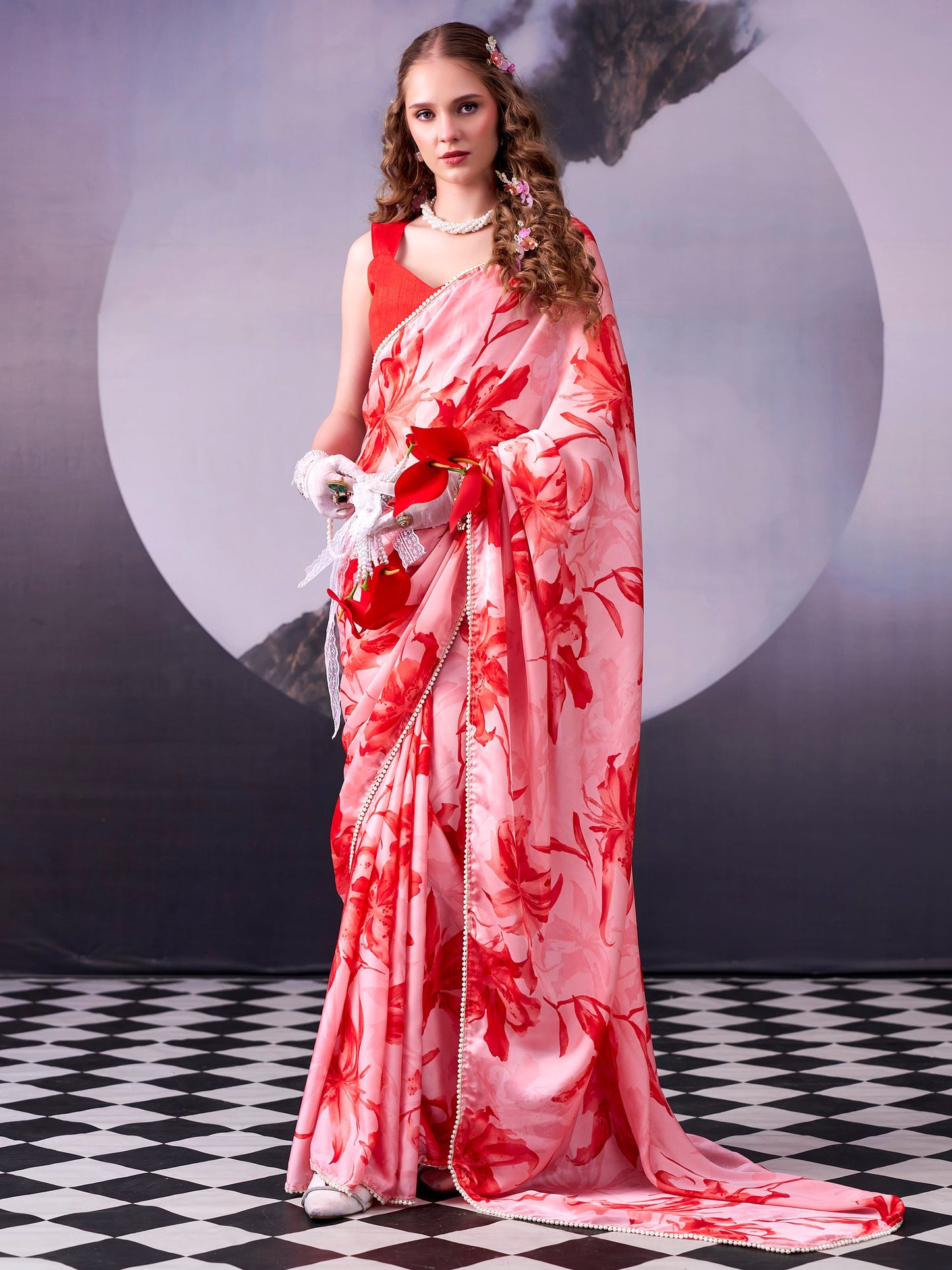 Floral Printed Satin Event Wear Saree With Blouse