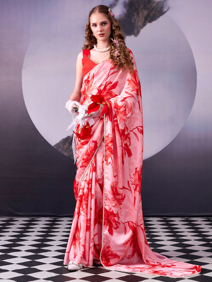Floral Printed Satin Event Wear Saree With Blouse