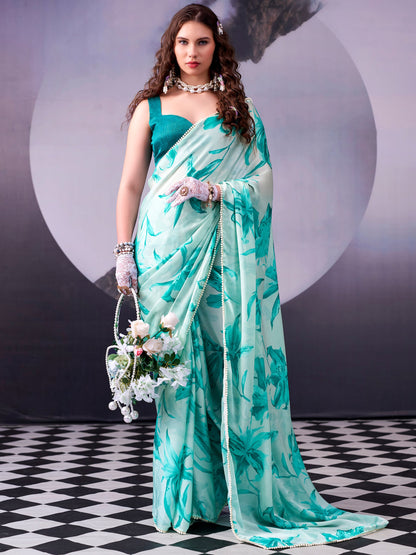 Floral Printed Satin Event Wear Saree With Blouse