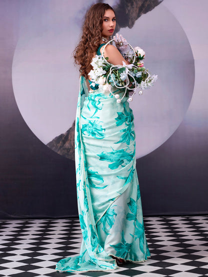 Floral Printed Satin Event Wear Saree With Blouse