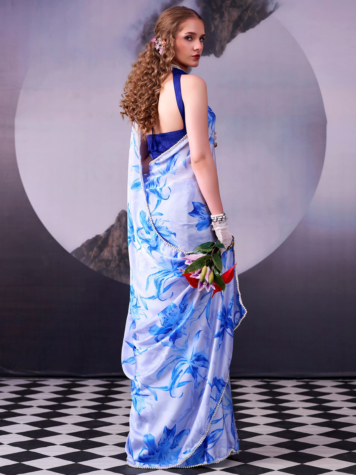 Floral Printed Satin Event Wear Saree With Blouse