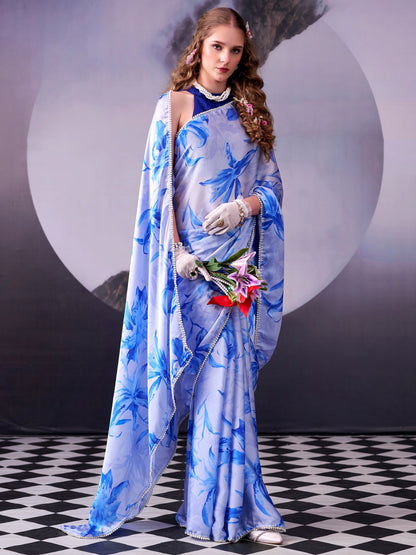 Floral Printed Satin Event Wear Saree With Blouse