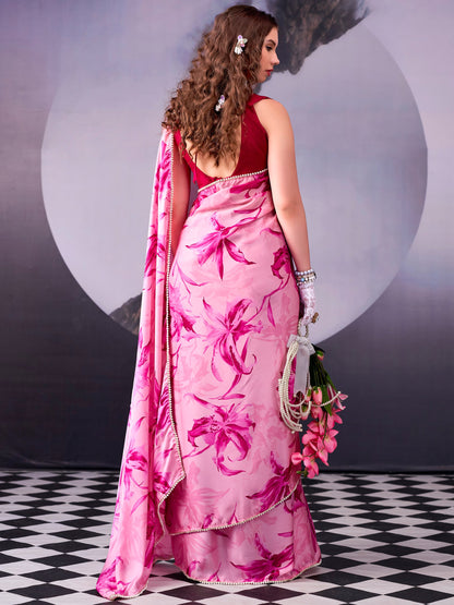 Floral Printed Satin Event Wear Saree With Blouse