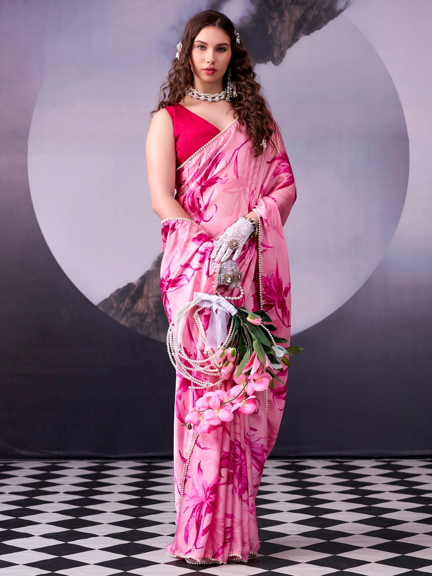 Floral Printed Satin Event Wear Saree With Blouse