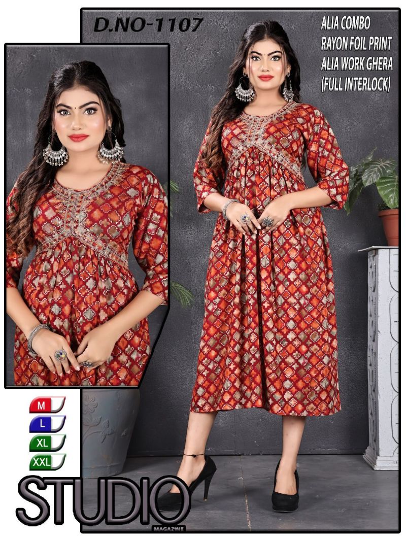 Premium Rayon Foil Printed Alia Cut Kurtis