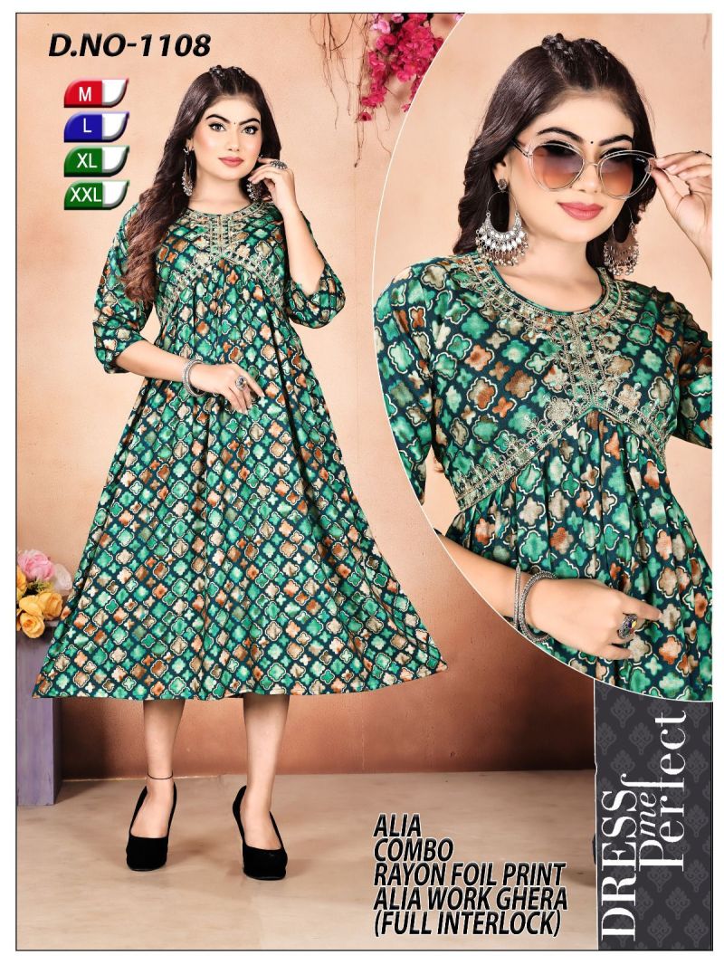 Premium Rayon Foil Printed Alia Cut Kurtis