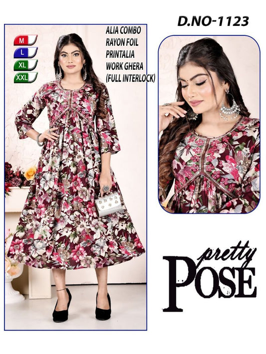 Premium Rayon Foil Printed Alia Cut Kurtis
