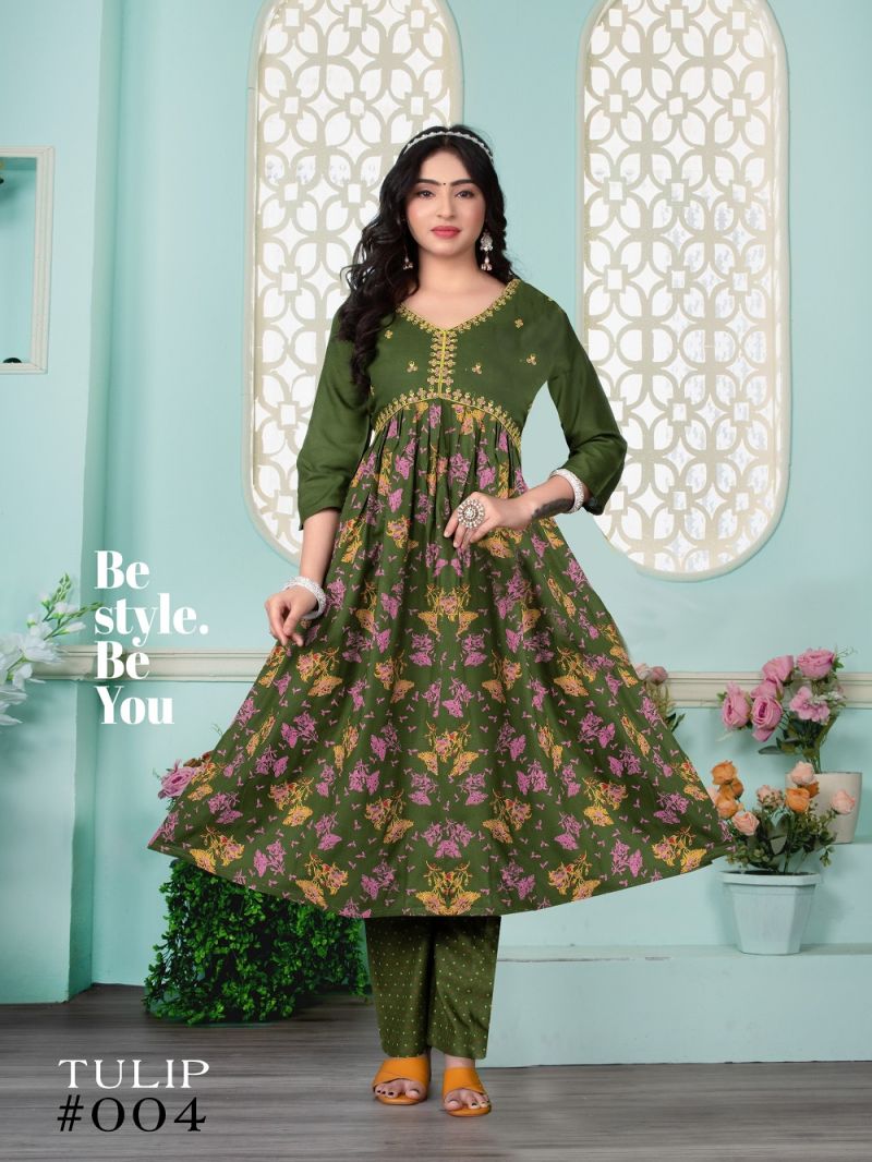 Fashion Talk Tulip Rayon Embroidered Alia Cut Kurtis Collection