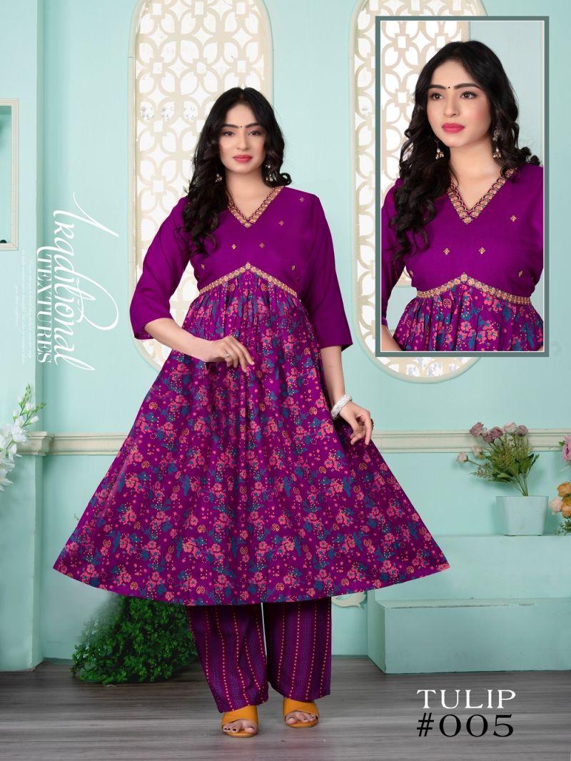 Fashion Talk Tulip Rayon Embroidered Alia Cut Kurtis Collection