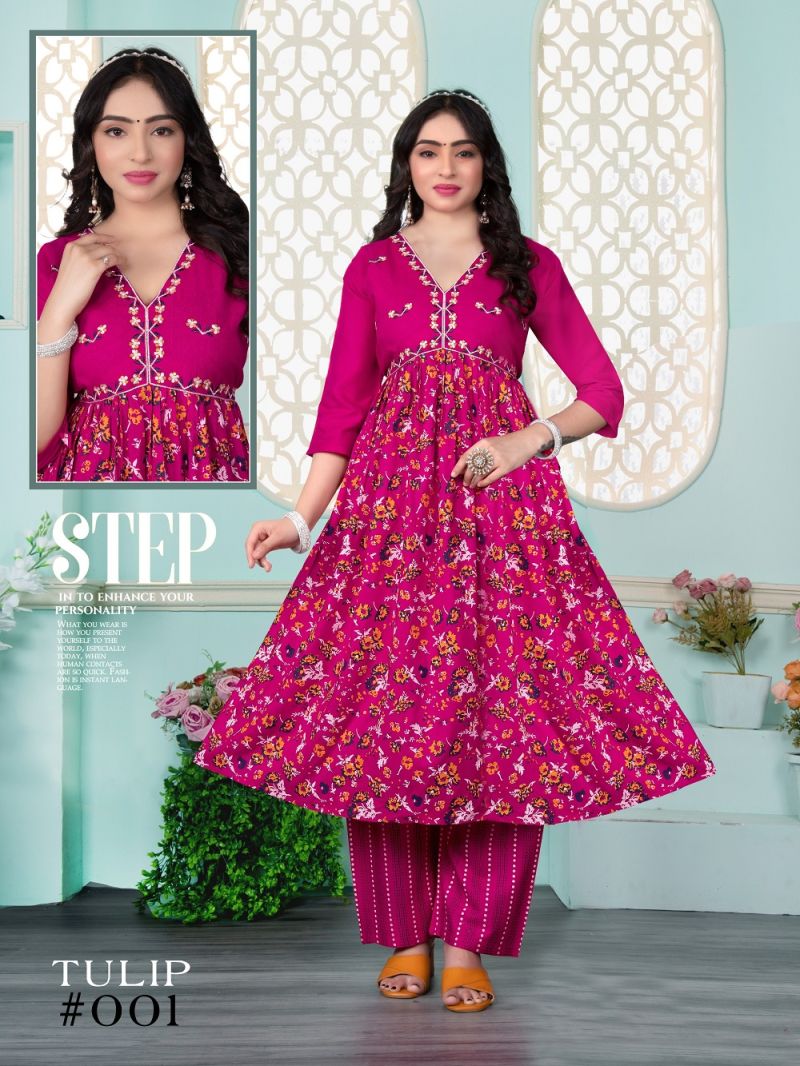 Fashion Talk Tulip Rayon Embroidered Alia Cut Kurtis Collection