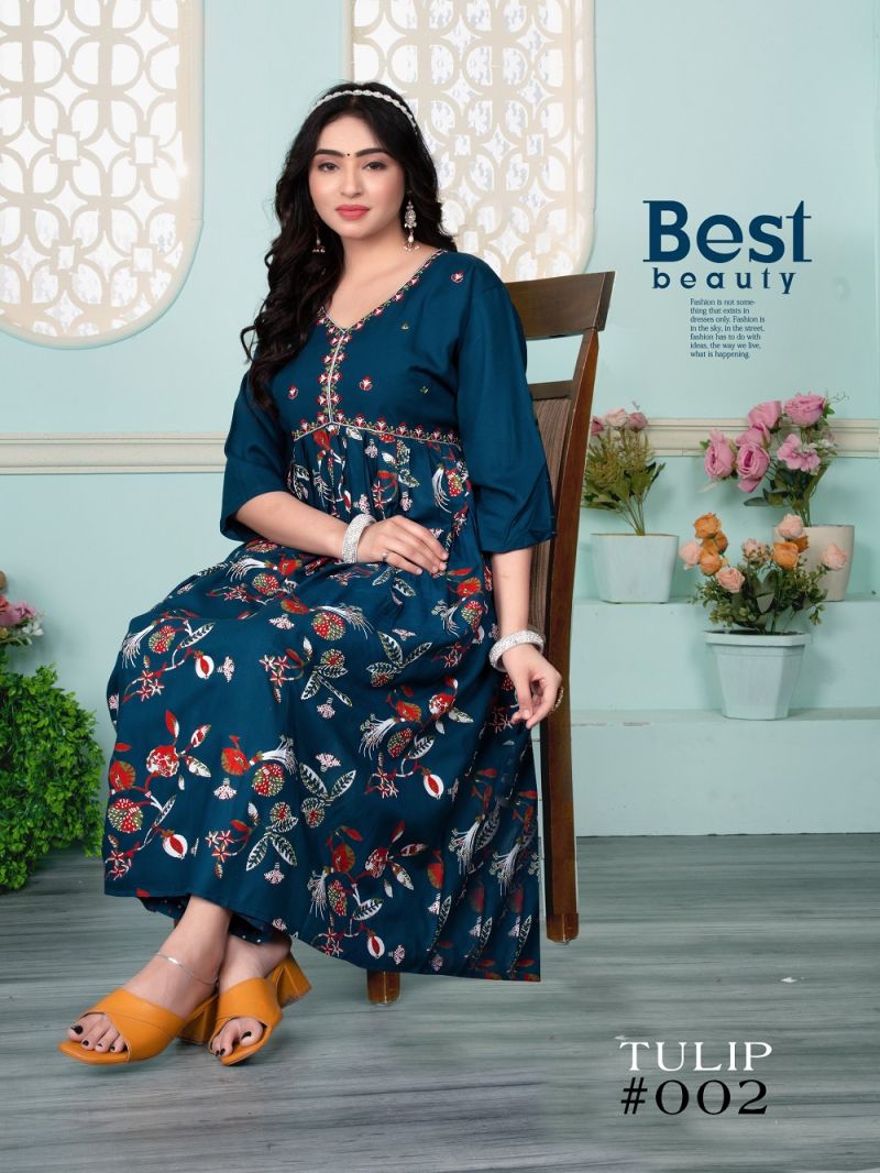 Fashion Talk Tulip Rayon Embroidered Alia Cut Kurtis Collection