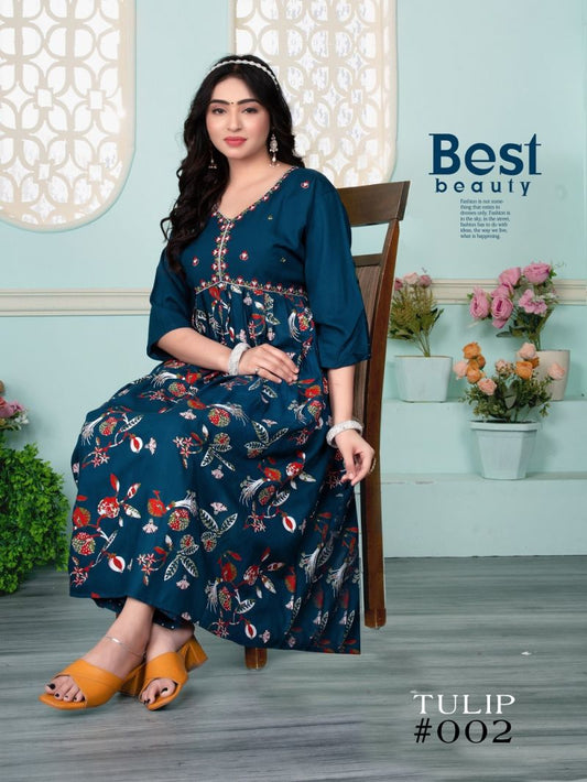 Fashion Talk Tulip Rayon Embroidered Alia Cut Kurtis Collection