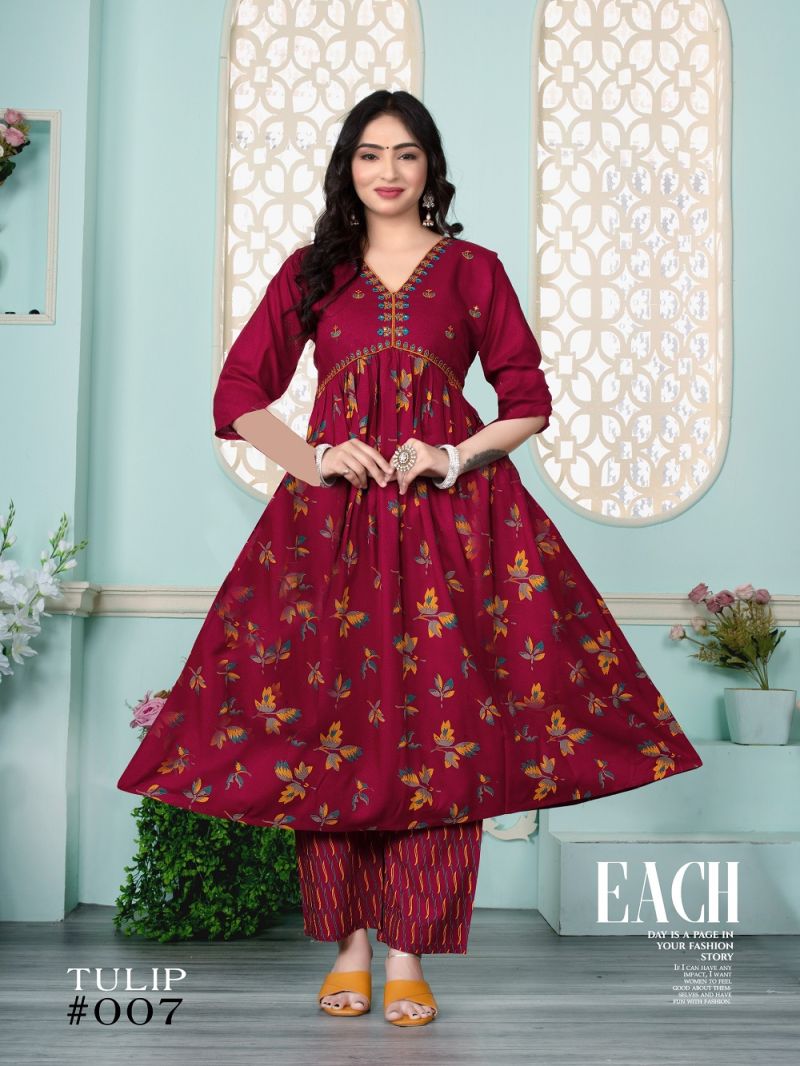 Fashion Talk Tulip Rayon Embroidered Alia Cut Kurtis Collection