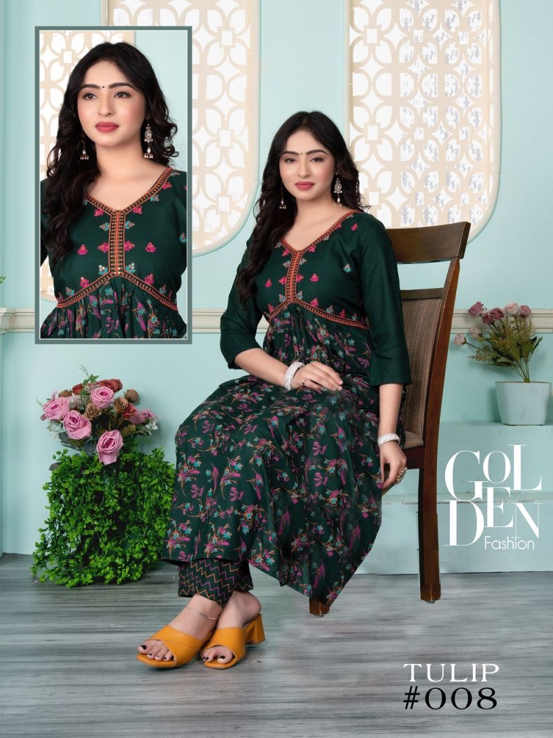 Fashion Talk Tulip Rayon Embroidered Alia Cut Kurtis Collection