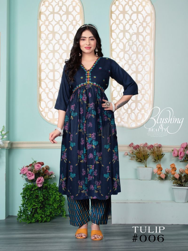 Fashion Talk Tulip Rayon Embroidered Alia Cut Kurtis Collection