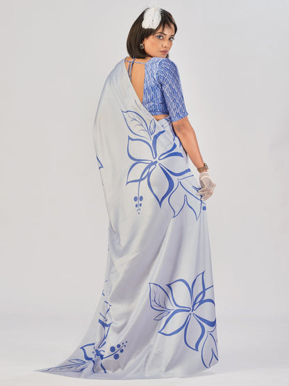 Precious Grey Printed Satin Casual Wear Saree With Blouse