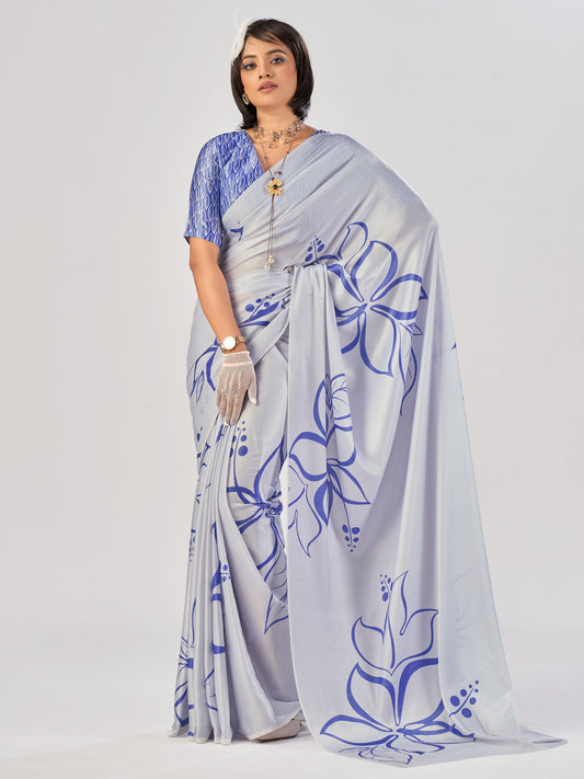 Precious Grey Printed Satin Casual Wear Saree With Blouse