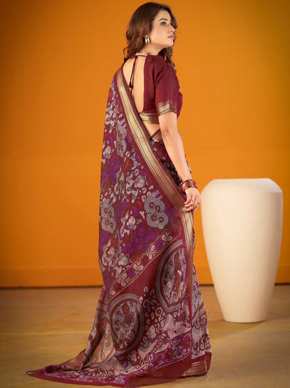 Alluring Maroon Printed Chanderi Function Wear Saree With Blouse