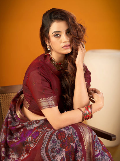 Alluring Maroon Printed Chanderi Function Wear Saree With Blouse