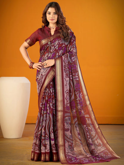 Alluring Maroon Printed Chanderi Function Wear Saree With Blouse