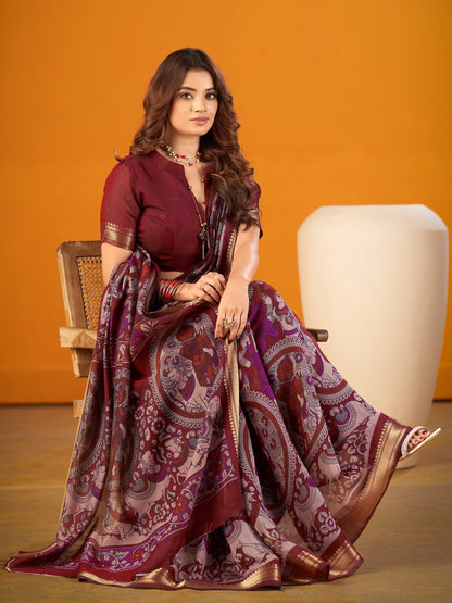 Alluring Maroon Printed Chanderi Function Wear Saree With Blouse