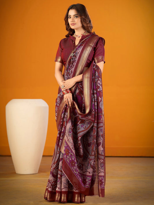 Alluring Maroon Printed Chanderi Function Wear Saree With Blouse