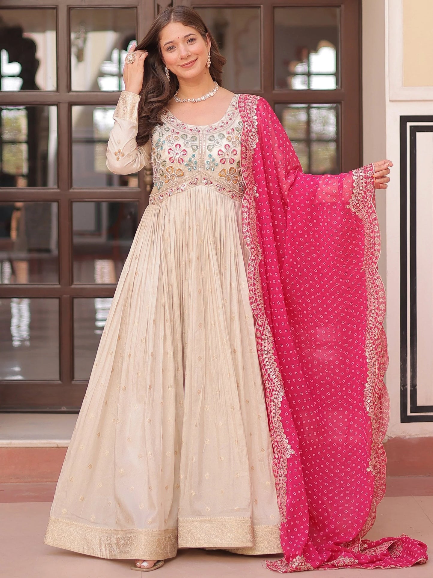 Beige Bead Work Jacquard Festive Wear Gown With Purple/Red/Pink Dupatta