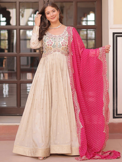Beige Bead Work Jacquard Festive Wear Gown With Purple/Red/Pink Dupatta