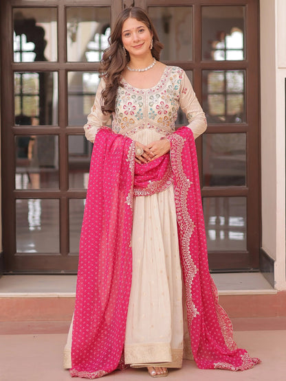 Beige Bead Work Jacquard Festive Wear Gown With Purple/Red/Pink Dupatta