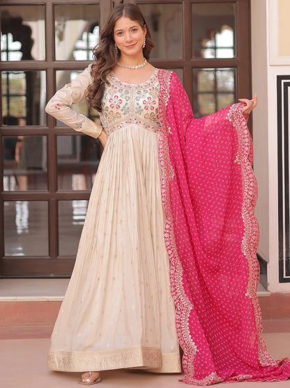 Beige Bead Work Jacquard Festive Wear Gown With Purple/Red/Pink Dupatta