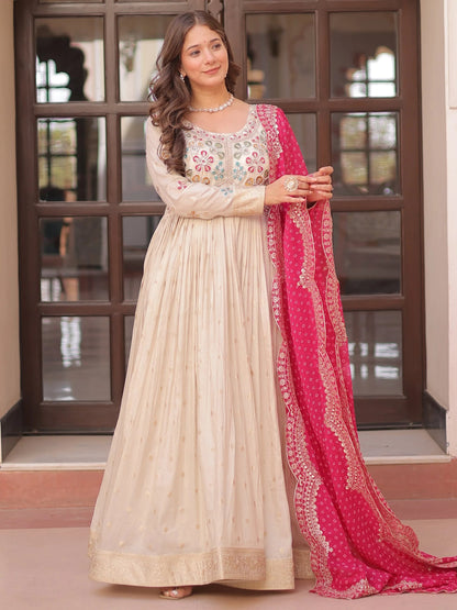 Beige Bead Work Jacquard Festive Wear Gown With Purple/Red/Pink Dupatta