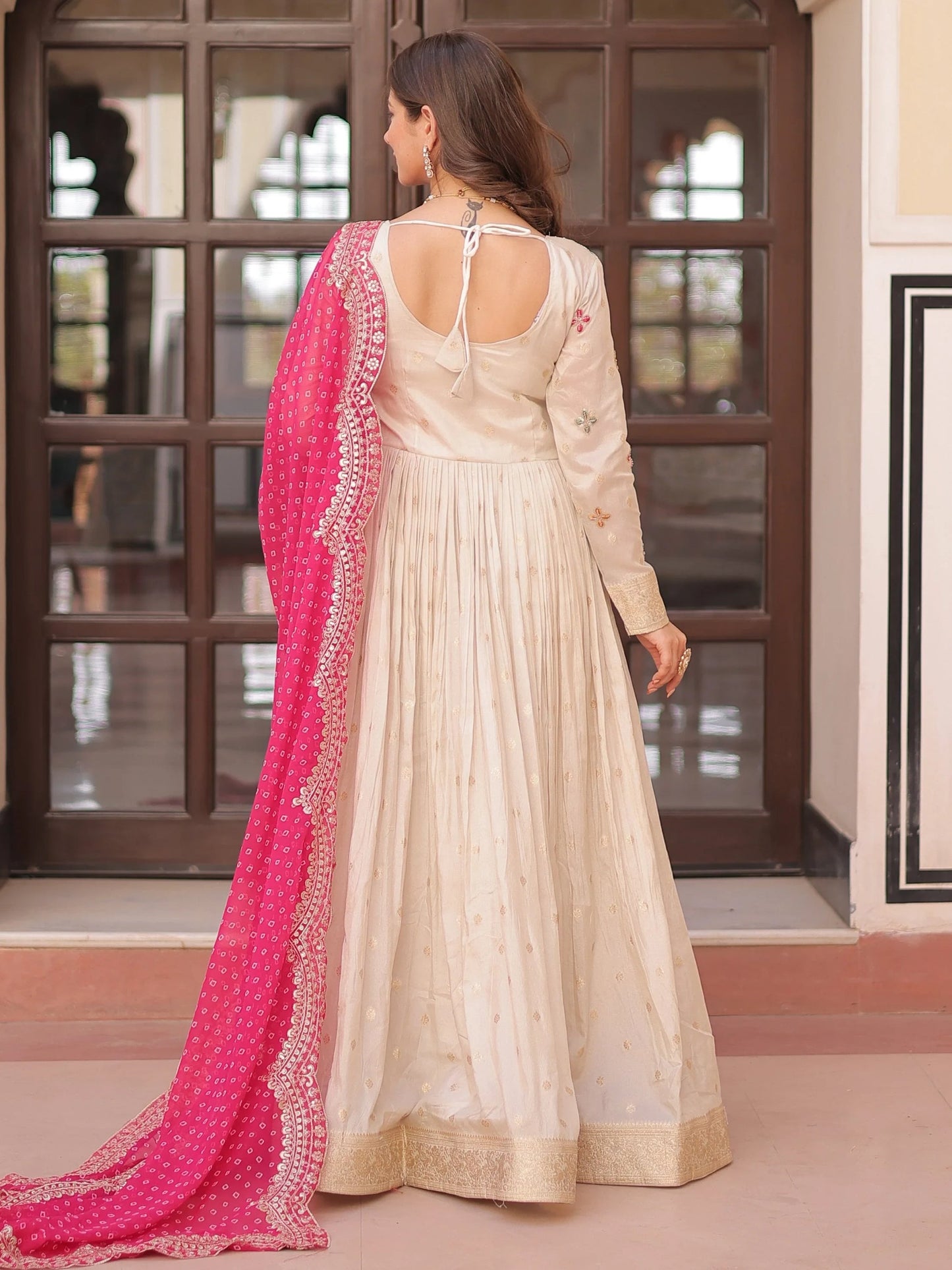 Beige Bead Work Jacquard Festive Wear Gown With Purple/Red/Pink Dupatta