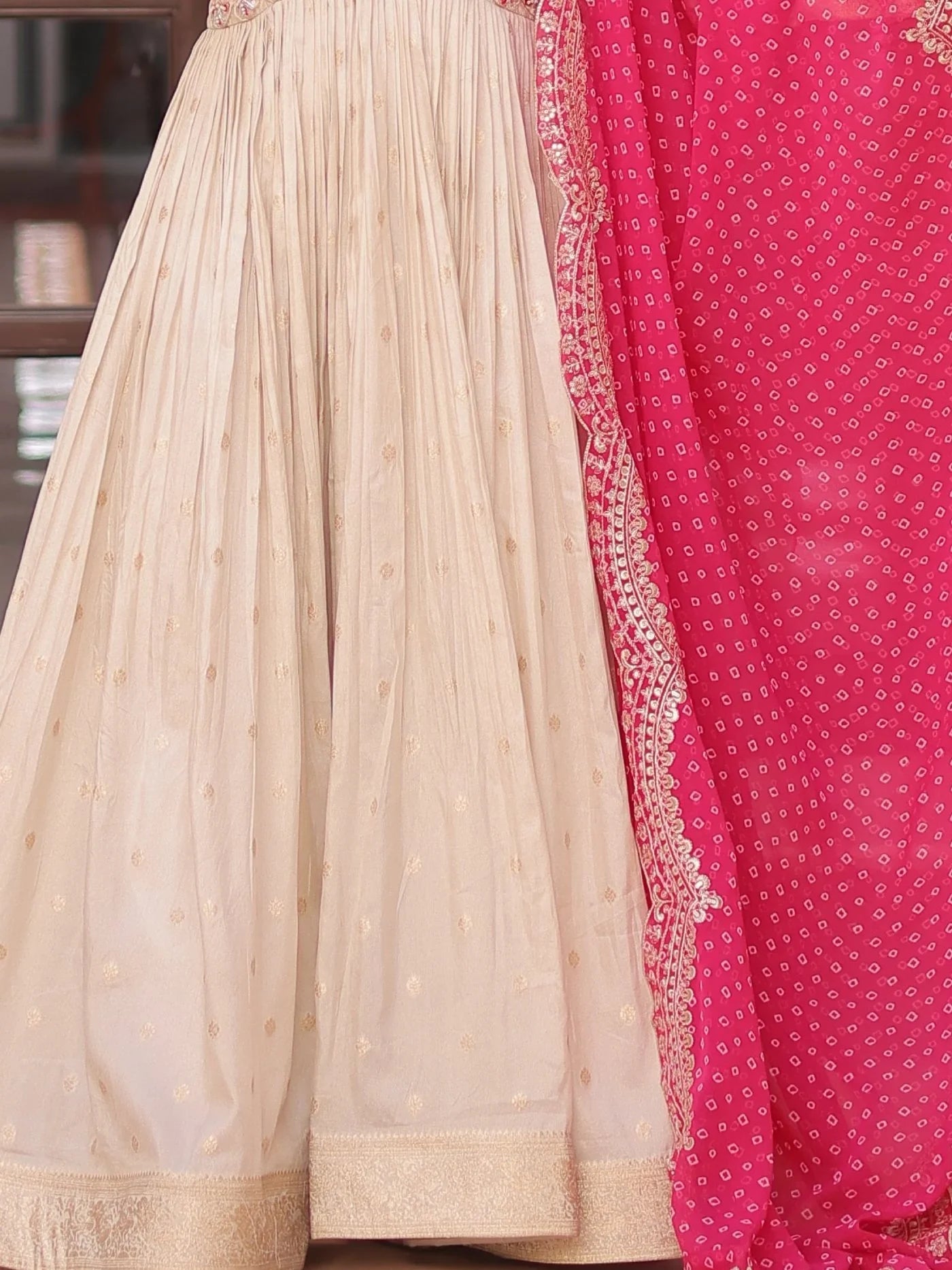 Beige Bead Work Jacquard Festive Wear Gown With Purple/Red/Pink Dupatta